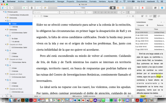 Vista de novela en scrivener